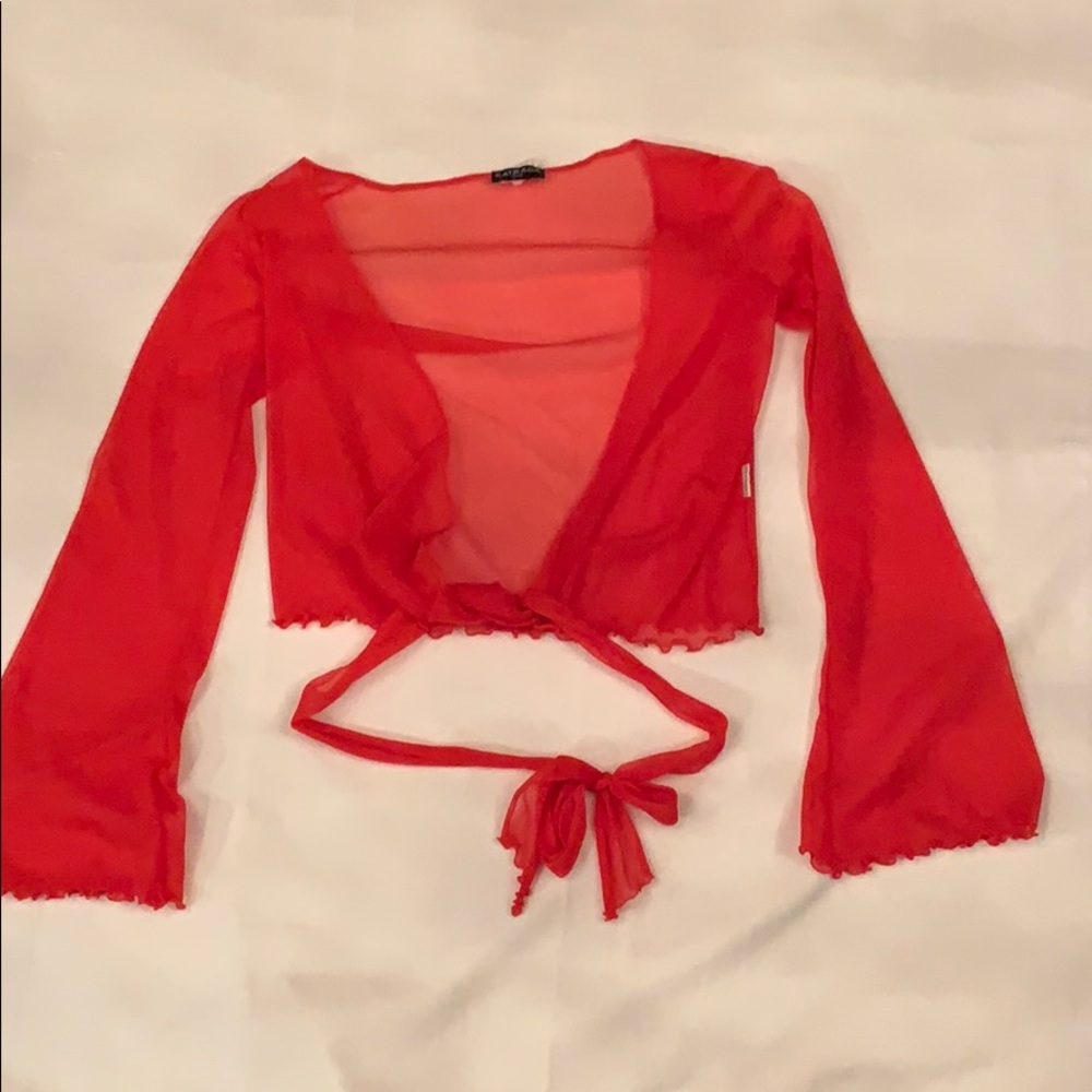 Red sheer Brazilian top with tie M/L